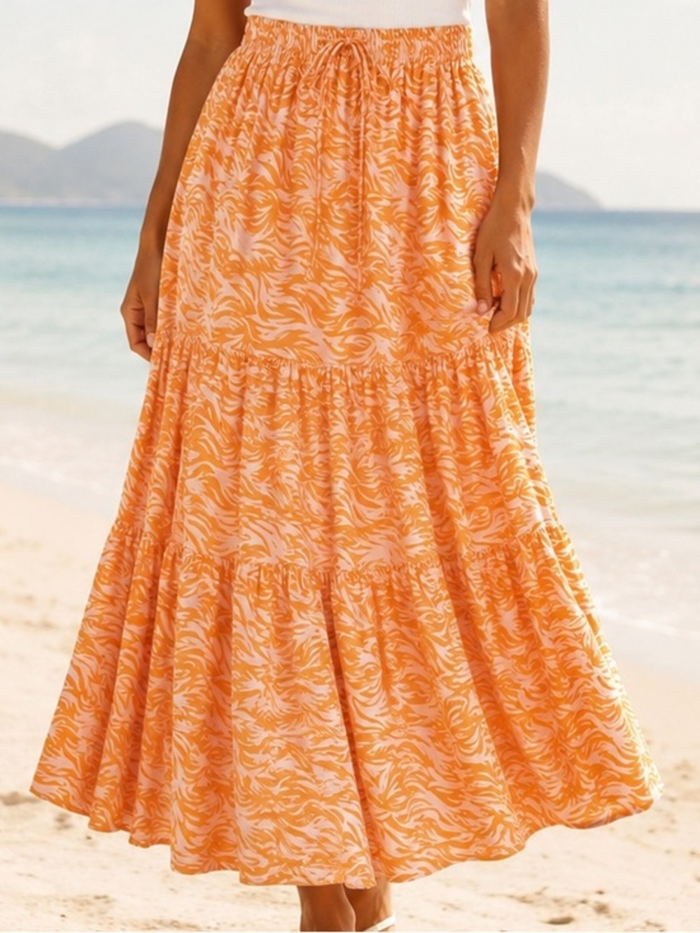 Boho Breezy Coastal Summer Flowy Cotton Tiered Lined Maxi Skirt, Size Small